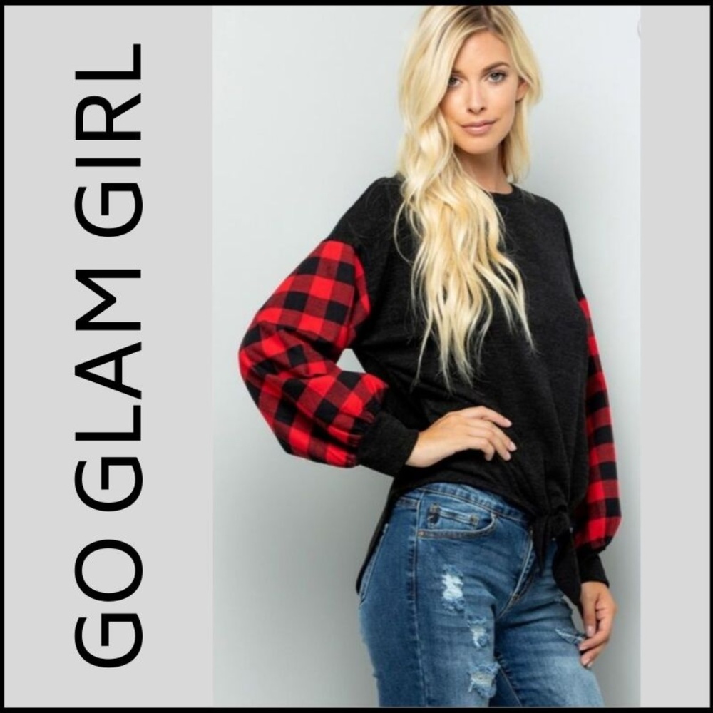 NWT Red Plaid Balloon Sleeve Tie Front Top - Picture 3 of 4
